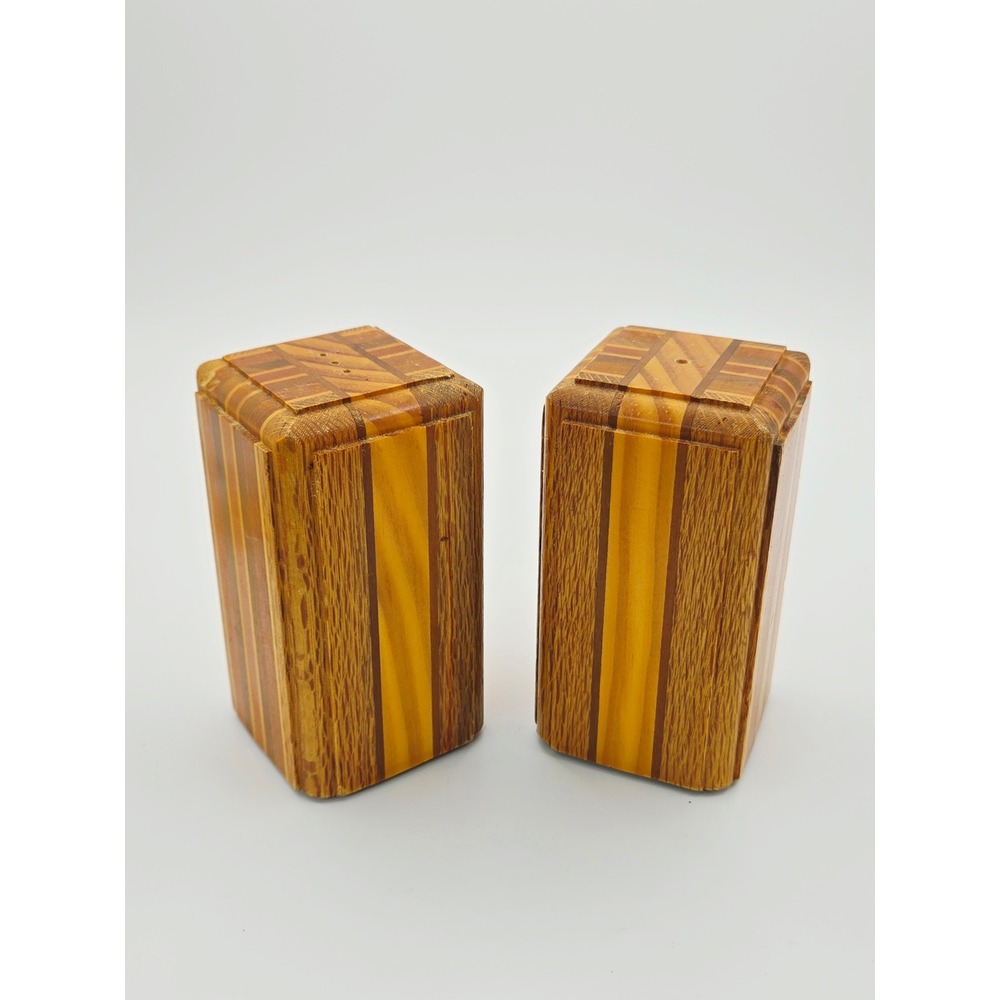 Vintage Inlaid Wood Salt and Pepper Shakers Set Rectangular Geometric Striped